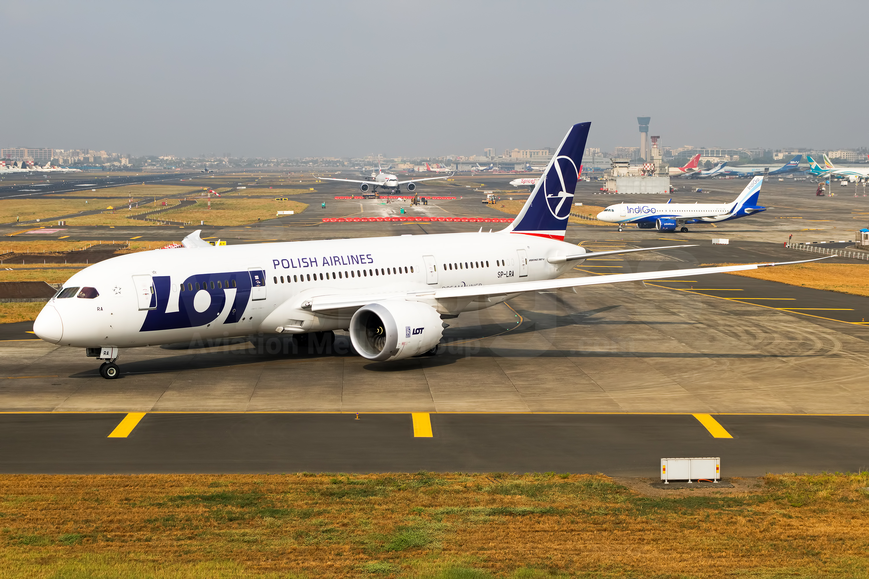 LOT Polish Airlines Boeing 787 DreamLiner, departs from Mumbai Airport 